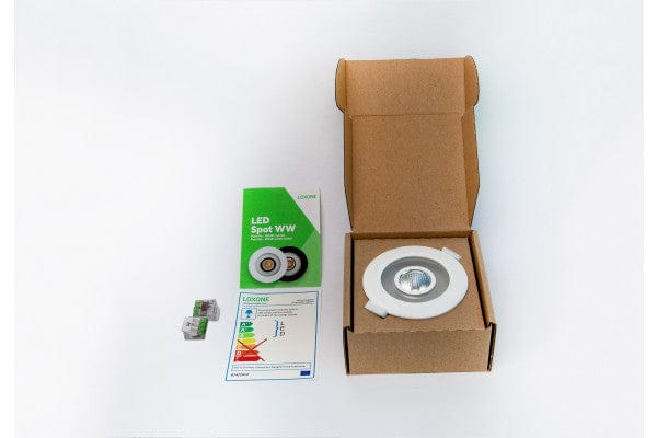 LED Spot WW PWM Weiß in geöffneter Verpackung und Zubehör